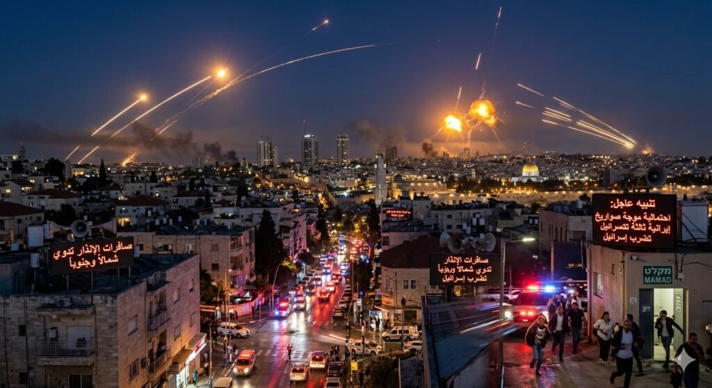 "مشهد انفجارات ناتجة عن صواريخ إيرانية ثالثة تضرب إسرائيل وصافرات الإنذار تدوي"