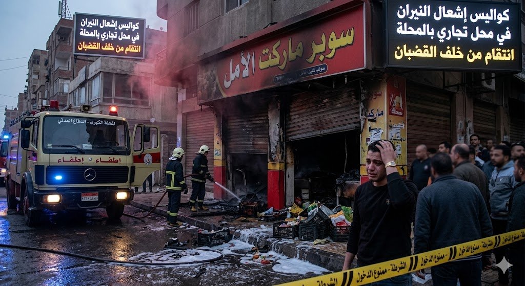 إشعال النيران في محل تجاري بالمحلة