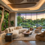 تصميم داخلي لغرفة معيشة بنمط البيوفيليك الذكي 2026 يجمع بين الجدران النباتية الخضراء والإضاءة الحيوية المدمجة مع أثاث عصري ومنحني في أجواء مستقبلية مريحة.