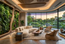 تصميم داخلي لغرفة معيشة بنمط البيوفيليك الذكي 2026 يجمع بين الجدران النباتية الخضراء والإضاءة الحيوية المدمجة مع أثاث عصري ومنحني في أجواء مستقبلية مريحة.