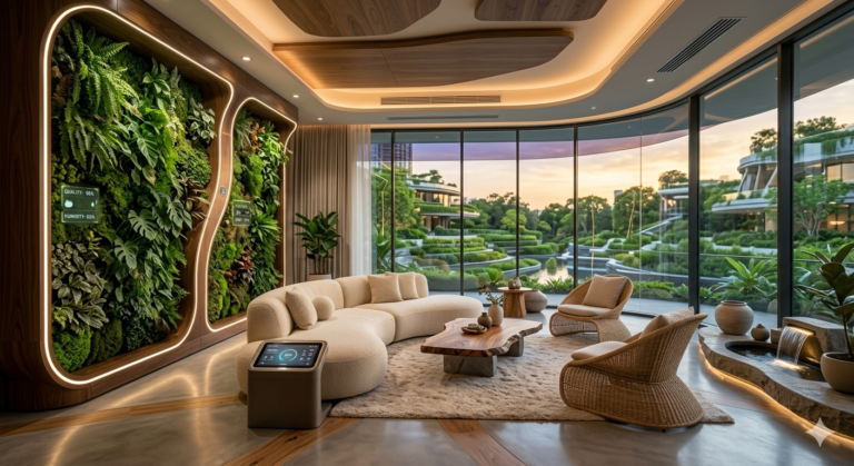تصميم داخلي لغرفة معيشة بنمط البيوفيليك الذكي 2026 يجمع بين الجدران النباتية الخضراء والإضاءة الحيوية المدمجة مع أثاث عصري ومنحني في أجواء مستقبلية مريحة.