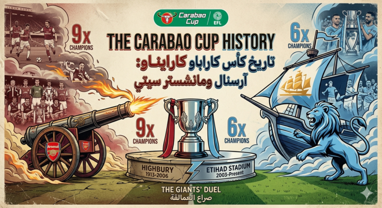 صورة فنية تاريخية بعنوان 'The Carabao Cup History' تقارن بين إنجازات آرسنال ومانشستر سيتي في كأس رابطة المحترفين الإنجليزية. يظهر على اليسار شعار آرسنال التاريخي ومدفع عملاق يرمز لعدد 9 بطولات، بينما يظهر على اليمين أسد مانشستر سيتي وسفينة ترمز لعدد 6 بطولات، مع إشارة للملاعب القديمة والجديدة لكل فريق وعنوان 'صراع العمالقة' بالأسفل.