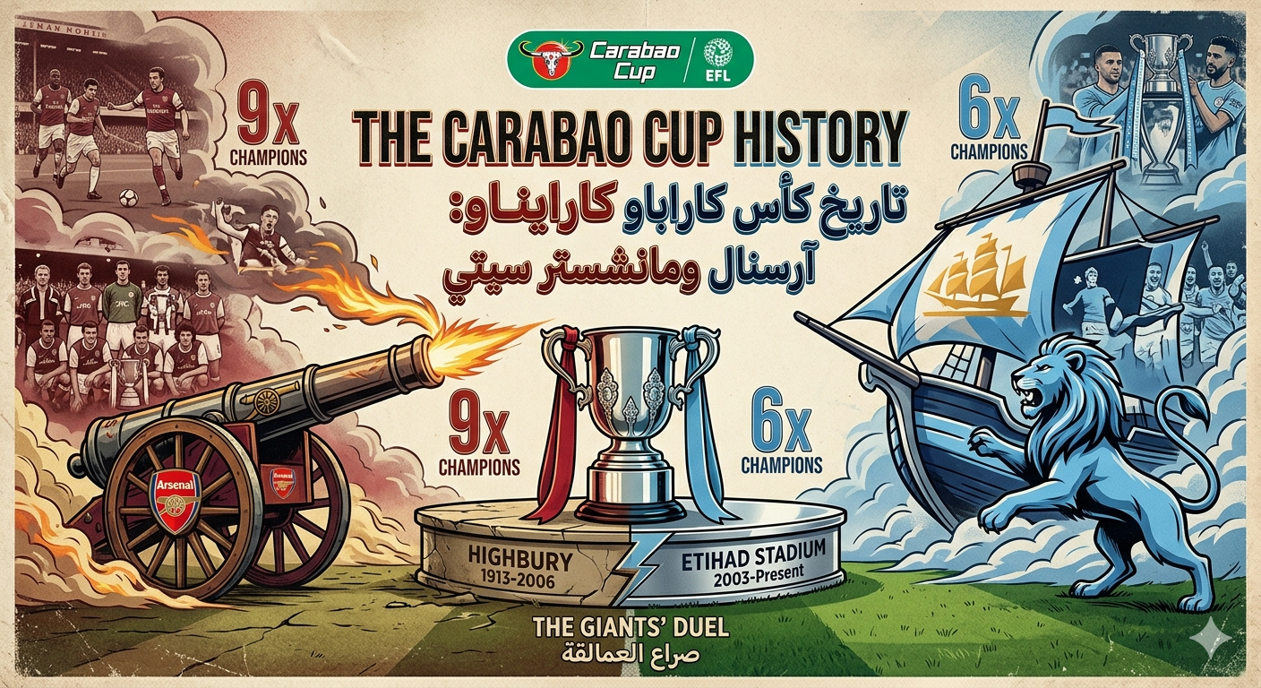 آرسنال ومانشستر سيتي: تفوق تاريخي للجانرز في كأس كاراباو 1 صورة فنية تاريخية بعنوان 'The Carabao Cup History' تقارن بين إنجازات آرسنال ومانشستر سيتي في كأس رابطة المحترفين الإنجليزية. يظهر على اليسار شعار آرسنال التاريخي ومدفع عملاق يرمز لعدد 9 بطولات، بينما يظهر على اليمين أسد مانشستر سيتي وسفينة ترمز لعدد 6 بطولات، مع إشارة للملاعب القديمة والجديدة لكل فريق وعنوان 'صراع العمالقة' بالأسفل.
