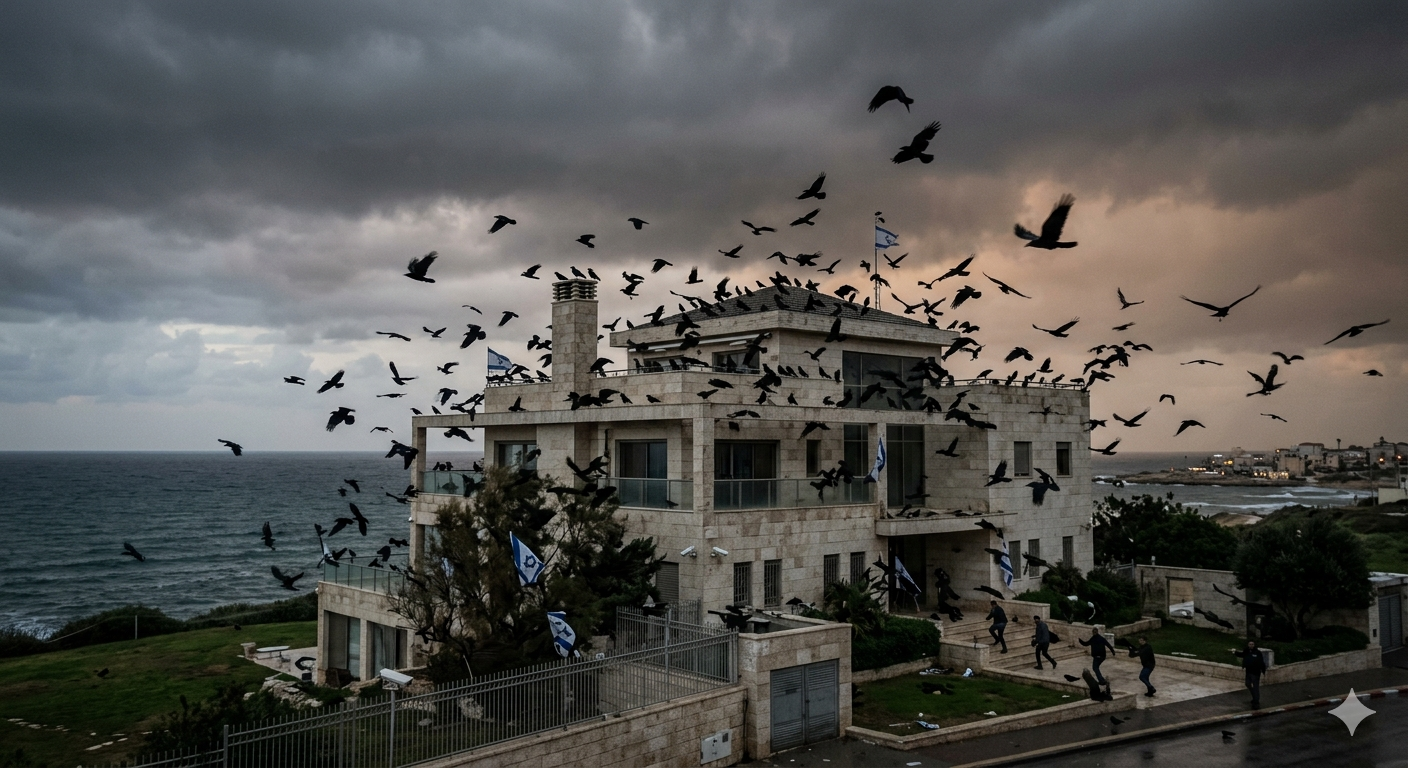 أسراب من الغربان السوداء تحلق فوق بيت نتنياهو في قيسارية بلمسة سينمائية