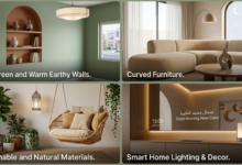 أحدث صيحات ديكورات منازل 2026 - كولاج يجمع ألوان الحوائط العصرية، الأثاث المنحني، الإضاءة الذكية، وتصاميم النباتات الطبيعية للمنازل المودرن.