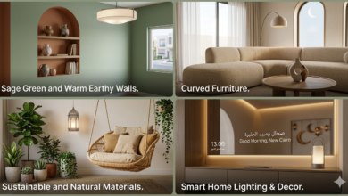 أحدث صيحات ديكورات منازل 2026 - كولاج يجمع ألوان الحوائط العصرية، الأثاث المنحني، الإضاءة الذكية، وتصاميم النباتات الطبيعية للمنازل المودرن.