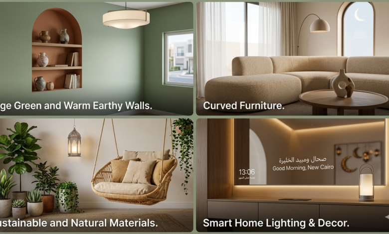 أحدث صيحات ديكورات منازل 2026 - كولاج يجمع ألوان الحوائط العصرية، الأثاث المنحني، الإضاءة الذكية، وتصاميم النباتات الطبيعية للمنازل المودرن.