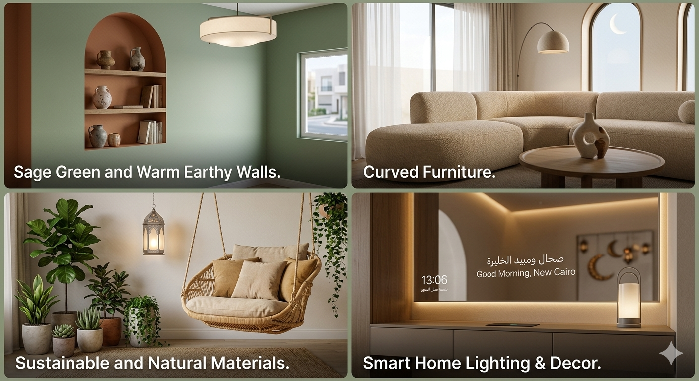 أحدث صيحات ديكورات منازل 2026 - كولاج يجمع ألوان الحوائط العصرية، الأثاث المنحني، الإضاءة الذكية، وتصاميم النباتات الطبيعية للمنازل المودرن.