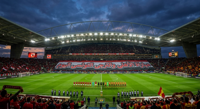 جرافيك يوضح موعد مباراة الأهلى والترجى التونسى اليوم في رادس وشعار القناة الناقلة بي إن سبورتس.