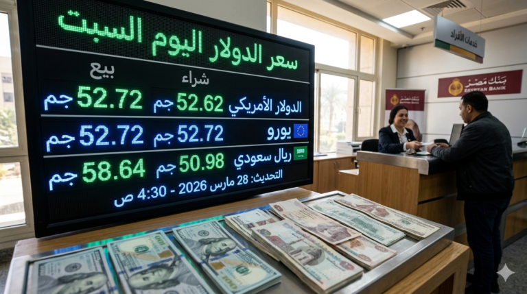 "شاشة عرض أسعار العملات في بنك مصري توضح استقرار سعر الدولار اليوم السبت 28 مارس 2026 أمام الجنيه المصري، مع ظهور أوراق نقدية من فئة المائة دولار والجنيه."