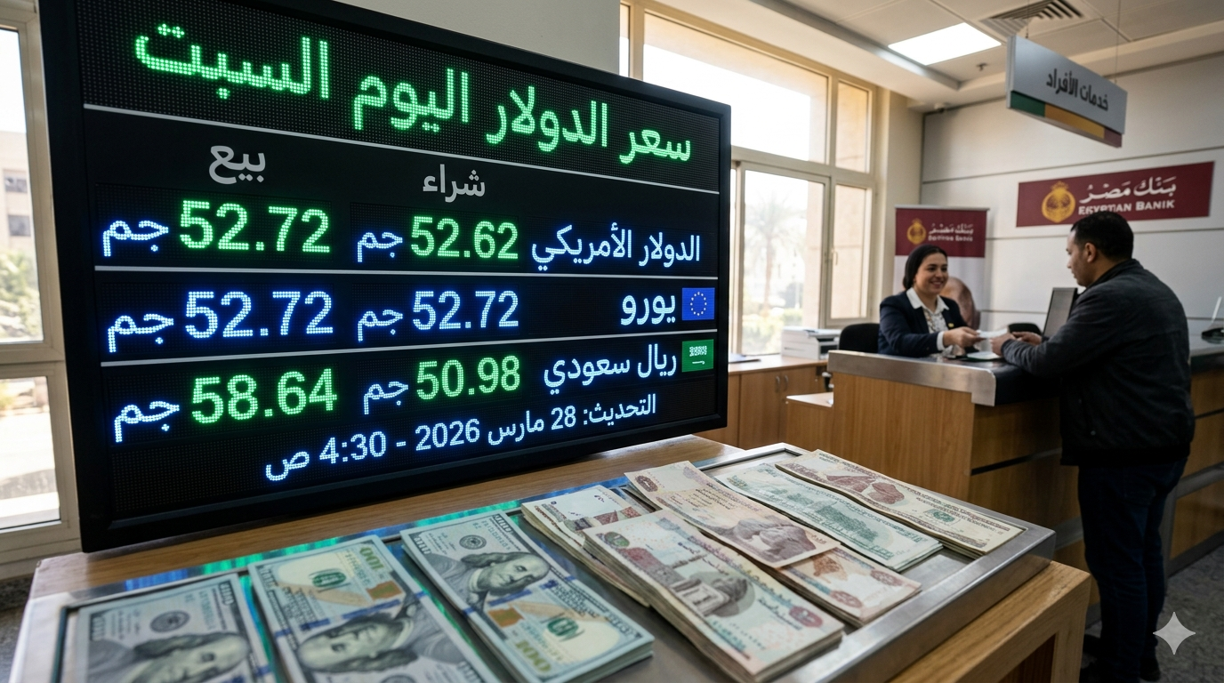 سعر الدولار اليوم السبت في مصر: استقرار ملحوظ بالبنوك والسوق 1 "شاشة عرض أسعار العملات في بنك مصري توضح استقرار سعر الدولار اليوم السبت 28 مارس 2026 أمام الجنيه المصري، مع ظهور أوراق نقدية من فئة المائة دولار والجنيه."