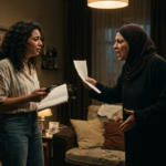 صورة سينمائية من مسلسل "عرض وطلب" تُجسد لحظة المواجهة العاصفة في الحلقة 7؛ تظهر فيها هبة بملابس كاجوال ملامحها مكسورة وتتراجع للخلف في غرفة معيشة ذات إضاءة خافتة، بينما تواجهها والدتها الغاضبة التي ترتدي عباءة وحجاباً أسود وتصرخ في وجهها وهي تمسك بورقة (دليل الحقيقة) كاشفةً سرها، في أجواء مليئة بالتوتر الدرامي.
