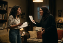 صورة سينمائية من مسلسل "عرض وطلب" تُجسد لحظة المواجهة العاصفة في الحلقة 7؛ تظهر فيها هبة بملابس كاجوال ملامحها مكسورة وتتراجع للخلف في غرفة معيشة ذات إضاءة خافتة، بينما تواجهها والدتها الغاضبة التي ترتدي عباءة وحجاباً أسود وتصرخ في وجهها وهي تمسك بورقة (دليل الحقيقة) كاشفةً سرها، في أجواء مليئة بالتوتر الدرامي.