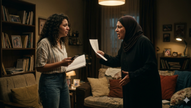 صورة سينمائية من مسلسل "عرض وطلب" تُجسد لحظة المواجهة العاصفة في الحلقة 7؛ تظهر فيها هبة بملابس كاجوال ملامحها مكسورة وتتراجع للخلف في غرفة معيشة ذات إضاءة خافتة، بينما تواجهها والدتها الغاضبة التي ترتدي عباءة وحجاباً أسود وتصرخ في وجهها وهي تمسك بورقة (دليل الحقيقة) كاشفةً سرها، في أجواء مليئة بالتوتر الدرامي.