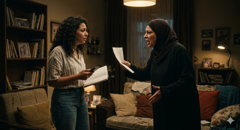 صورة سينمائية من مسلسل "عرض وطلب" تُجسد لحظة المواجهة العاصفة في الحلقة 7؛ تظهر فيها هبة بملابس كاجوال ملامحها مكسورة وتتراجع للخلف في غرفة معيشة ذات إضاءة خافتة، بينما تواجهها والدتها الغاضبة التي ترتدي عباءة وحجاباً أسود وتصرخ في وجهها وهي تمسك بورقة (دليل الحقيقة) كاشفةً سرها، في أجواء مليئة بالتوتر الدرامي.