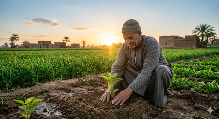 "صورة روحانية تعبر عن تفسير حلم الزرع في المنام، تظهر مزارعاً بملابس تقليدية يغرس شتلة خضراء في أرض خصبة وقت الشروق، مما يرمز للنماء والرزق والعمل الصالح وبداية حياة جديدة."