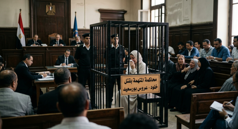 مشاهد من داخل محاكمة المتهمة بإنهاء حياة خلود عروس بورسعيد، وتظهر المتهمة داخل قفص الاتهام وسط انهيار أهالي الضحية داخل قاعة المحكمة.