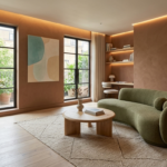 "تصميم غرفة معيشة عصرية تعتمد أحدث صيحات ديكور 2026، تضم أريكة منحنية باللون الأخضر الزيتوني، جدران ترابية دافئة، وطاولة خشبية مستديرة مع إضاءة خفيفة ونباتات طبيعية داخلية."