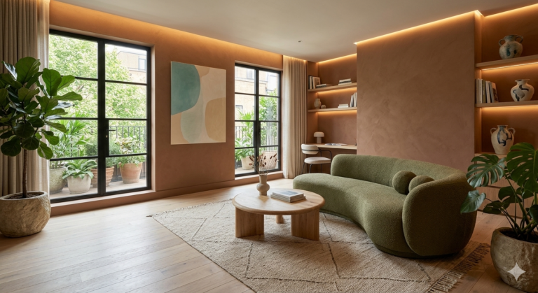 "تصميم غرفة معيشة عصرية تعتمد أحدث صيحات ديكور 2026، تضم أريكة منحنية باللون الأخضر الزيتوني، جدران ترابية دافئة، وطاولة خشبية مستديرة مع إضاءة خفيفة ونباتات طبيعية داخلية."