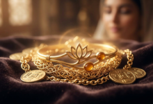 "صورة حالمة تعبر عن تفسير حلم الذهب في المنام، تظهر سواراً ذهبياً بتصميم مصري يطفو فوق وسادة من المخمل الداكن مع إضاءة ذهبية دافئة تحاكي ضوء الفجر."