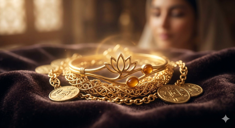 "صورة حالمة تعبر عن تفسير حلم الذهب في المنام، تظهر سواراً ذهبياً بتصميم مصري يطفو فوق وسادة من المخمل الداكن مع إضاءة ذهبية دافئة تحاكي ضوء الفجر."