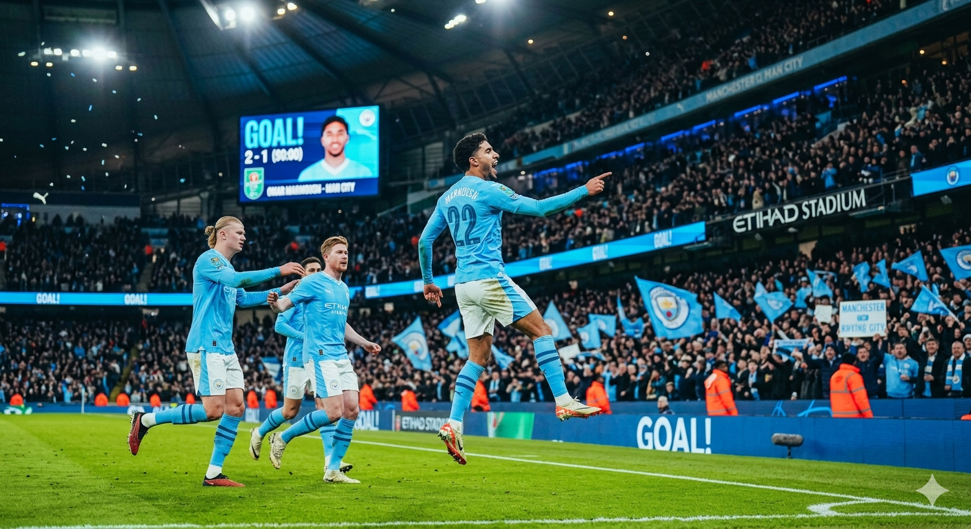 عمر مرموش يحتفل بتسجيل هدف حاسم بقميص مانشستر سيتي في كأس الرابطة الإنجليزية، وتظهر لوحة النتائج في الملعب النتيجة وهدف النجم المصري.