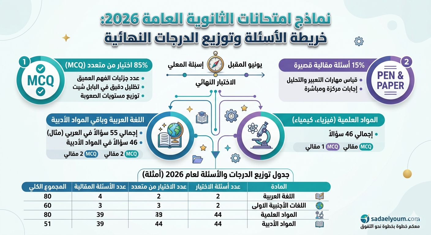 انفوجرافيك نماذج امتحانات الثانوية العامة 2026 يوضح توزيع الدرجات وعدد الأسئلة الاختيارية والمقالية في العربي والمواد العلمية قبل اختبار يونيو.