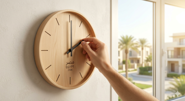 صورة تعبر عن موعد التوقيت الصيفي 2026 في مصر: لقطة قريبة لعقرب ساعة يدوية يتقدم بمقدار 60 دقيقة في ضوء النهار الساطع، مع خلفية تبرز بداية موسم الربيع وزيادة ساعات النهار.