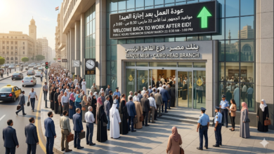 عاجل.. مواعيد عمل البنوك والمصالح الحكومية غداً الأحد بعد انتهاء إجازة العيد 2026 7 "صورة حصرية تظهر عودة العمل في البنوك والمصالح الحكومية غداً الأحد 22 مارس 2026 في مصر، حيث تم تحديد مواعيد عمل البنوك 2026 للجمهور من 8:30 ص وحتى 3:00 عصراً."
