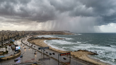 "صورة القمر الصناعي توضح سحب الرعد الكثيفة Sheets of Rain وهي تتساقط فوق البحر المتوسط وتغطي الطريق الساحلي الدولي المبتل الممتد من الإسكندرية نحو شمال سيناء، مع لوحات إرشادية رقمية تحذر من انعدام الرؤية والسيول 2026، كإشارة لبدء سقوط الأمطار."