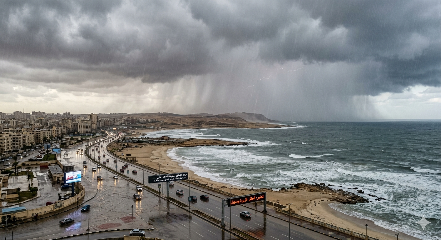 "صورة القمر الصناعي توضح سحب الرعد الكثيفة Sheets of Rain وهي تتساقط فوق البحر المتوسط وتغطي الطريق الساحلي الدولي المبتل الممتد من الإسكندرية نحو شمال سيناء، مع لوحات إرشادية رقمية تحذر من انعدام الرؤية والسيول 2026، كإشارة لبدء سقوط الأمطار."