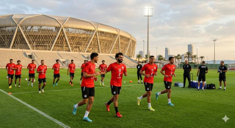 "صورة بانورامية تظهر جانباً من التدريب الأول لمنتخب مصر لكرة القدم بملعب الجوهرة المشعة في جدة، وتجمع بين النجم محمد صلاح وزملائه استعداداً للمباراة الودية أمام المنتخب السعودي."
