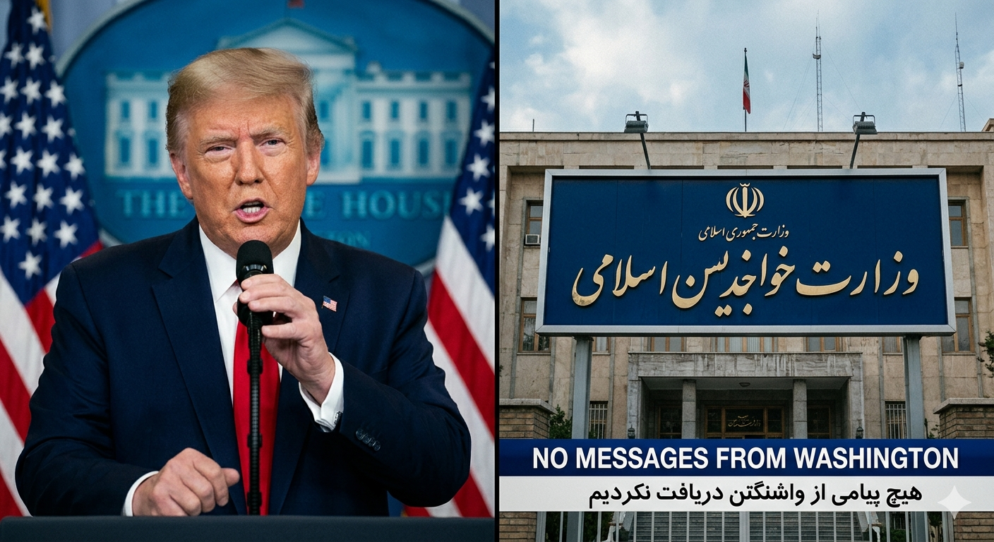 صورة مقسمة تظهر دونالد ترامب ومبنى الخارجية الإيرانية مع خبر نفي تلقي رسائل من واشنطن