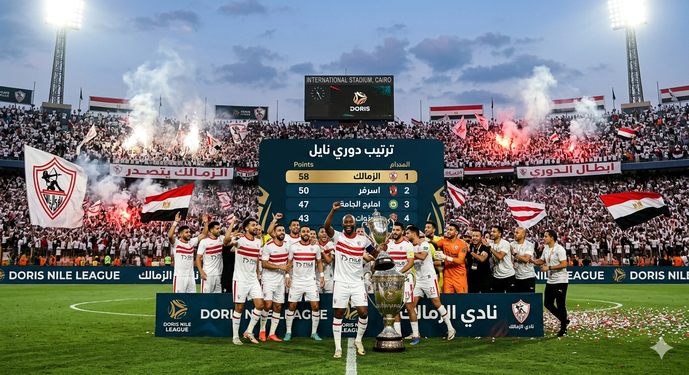 "احتفالات لاعبي نادي الزمالك على أرضية الملعب مع الجماهير البيضاء بعد تصدر ترتيب دوري نايل، ويظهر في الخلفية لوحة النتائج مع جدول الترتيب الذي يظهر الزمالك في المركز الأول."