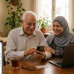 زوجان مسنان مبتسمان في المنزل يتحققان من تفاصيل صرف معاش شهر أبريل 2026 عبر تطبيق هاتف ذكي يعرض شعار الهيئة القومية للتأمين الاجتماعي المصرية.