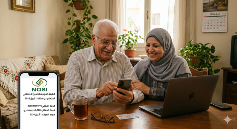 زوجان مسنان مبتسمان في المنزل يتحققان من تفاصيل صرف معاش شهر أبريل 2026 عبر تطبيق هاتف ذكي يعرض شعار الهيئة القومية للتأمين الاجتماعي المصرية.