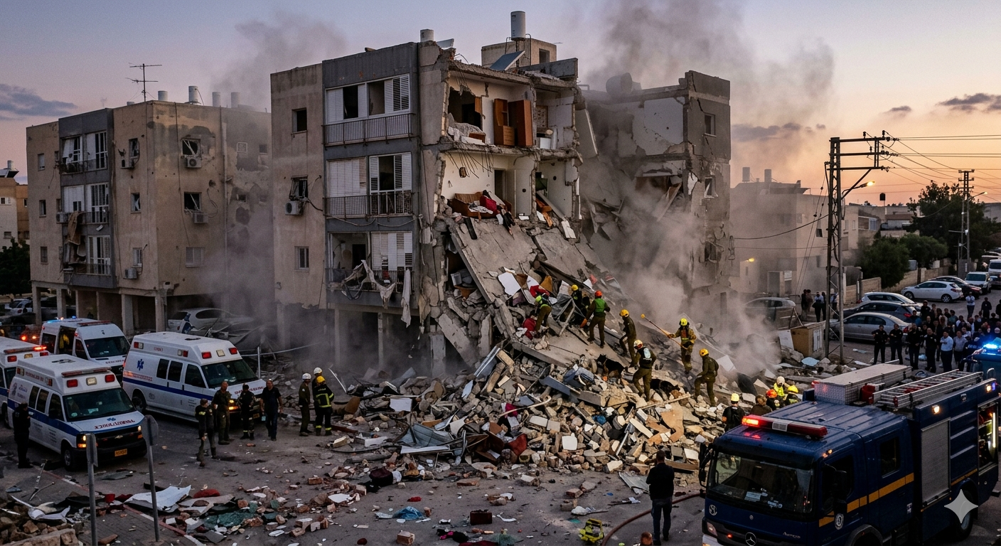 عاجل.. انهيار مبنى في منطقة ديمونة إثر إصابته بصاروخ وسقوط مصابين 1 مشهد الدمار عقب انهيار مبنى في منطقة ديمونة إثر إصابة صاروخية