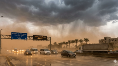 "سيارات تسير على طريق سريع في مصر أثناء عاصفة ترابية (خماسين) مع سحب داكنة وأمطار، وتظهر لوحة إرشادية مكتوب عليها الطريق الدائري - القاهرة السويس."