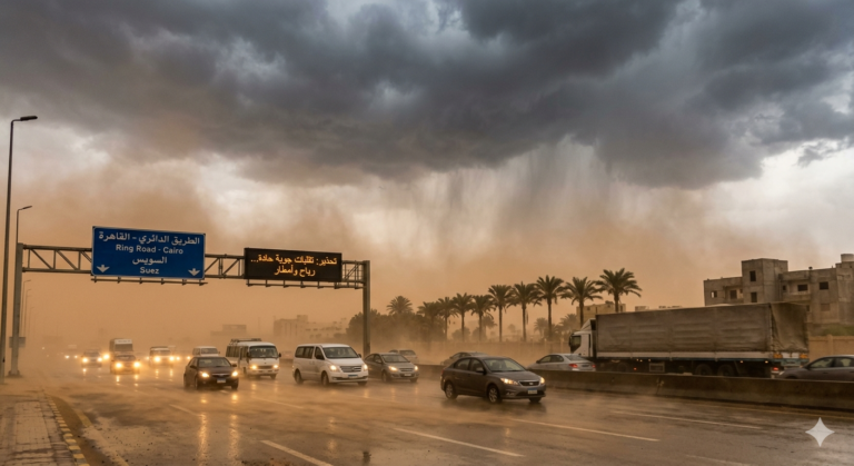 تقلبات جوية حادة تضرب البلاد: خريطة الأمطار والرياح بالمحافظات 2026 5 "سيارات تسير على طريق سريع في مصر أثناء عاصفة ترابية (خماسين) مع سحب داكنة وأمطار، وتظهر لوحة إرشادية مكتوب عليها الطريق الدائري - القاهرة السويس."