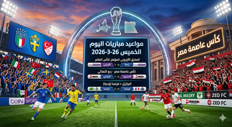 جدول مواعيد مباريات اليوم الخميس 26 مارس 2026 والقنوات الناقلة