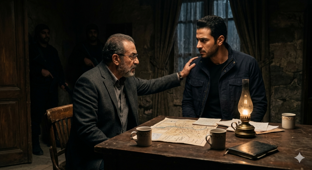 "مشهد درامي من مسلسل رأس الأفعى الحلقة 22 يجمع محمود عزت وعلاء السماحي في اجتماع سري لتخطيط عمليات حركة حسم، يظهر فيه التوتر والإضاءة السينمائية الخافتة."