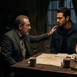 "مشهد درامي من مسلسل رأس الأفعى الحلقة 22 يجمع محمود عزت وعلاء السماحي في اجتماع سري لتخطيط عمليات حركة حسم، يظهر فيه التوتر والإضاءة السينمائية الخافتة."