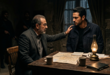 "مشهد درامي من مسلسل رأس الأفعى الحلقة 22 يجمع محمود عزت وعلاء السماحي في اجتماع سري لتخطيط عمليات حركة حسم، يظهر فيه التوتر والإضاءة السينمائية الخافتة."