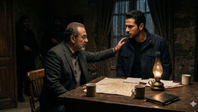 "مشهد درامي من مسلسل رأس الأفعى الحلقة 22 يجمع محمود عزت وعلاء السماحي في اجتماع سري لتخطيط عمليات حركة حسم، يظهر فيه التوتر والإضاءة السينمائية الخافتة."