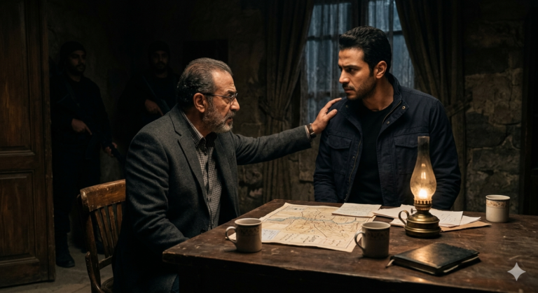 "مشهد درامي من مسلسل رأس الأفعى الحلقة 22 يجمع محمود عزت وعلاء السماحي في اجتماع سري لتخطيط عمليات حركة حسم، يظهر فيه التوتر والإضاءة السينمائية الخافتة."