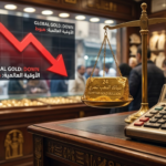صورة لتماسك سعر الذهب الآن في مصر: ميزان تقليدي في صاغة القاهرة يزن سبيكة محليّة بقيمة "7150 جنيهاً" (عيار 21) بينما تعرض شاشة خلفية حمراء رسماً بيانياً لهبوط سعر الأوقية عالمياً، مع عبارة "الذهب المحلي صامد".