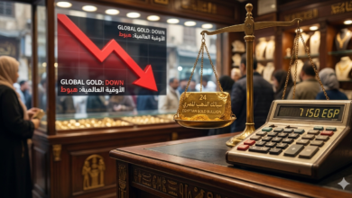 سعر الذهب الآن في مصر.. تماسك محلي مفاجئ رغم التراجع العالمي الكبير 4 صورة لتماسك سعر الذهب الآن في مصر: ميزان تقليدي في صاغة القاهرة يزن سبيكة محليّة بقيمة "7150 جنيهاً" (عيار 21) بينما تعرض شاشة خلفية حمراء رسماً بيانياً لهبوط سعر الأوقية عالمياً، مع عبارة "الذهب المحلي صامد".