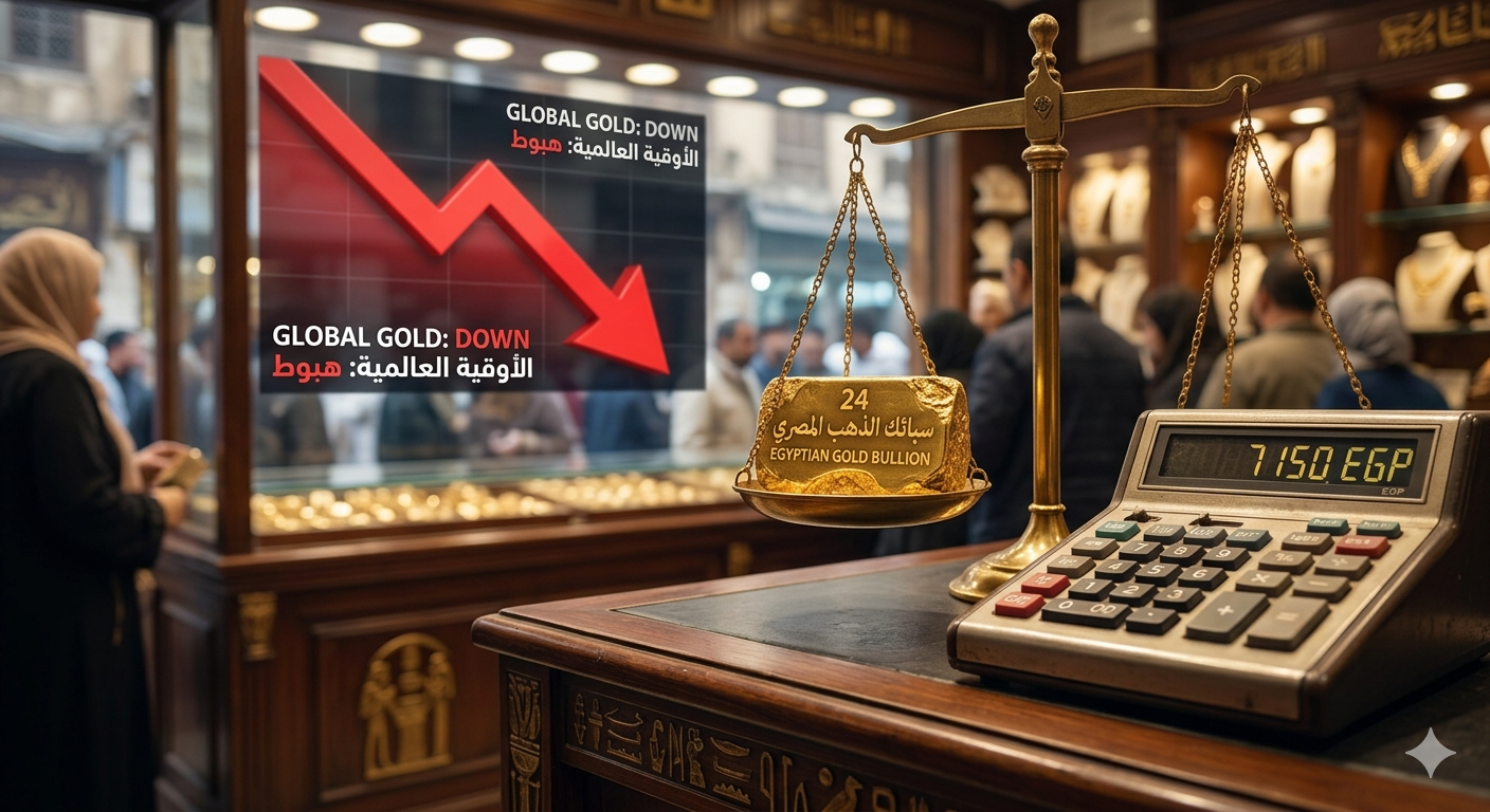 صورة لتماسك سعر الذهب الآن في مصر: ميزان تقليدي في صاغة القاهرة يزن سبيكة محليّة بقيمة "7150 جنيهاً" (عيار 21) بينما تعرض شاشة خلفية حمراء رسماً بيانياً لهبوط سعر الأوقية عالمياً، مع عبارة "الذهب المحلي صامد".