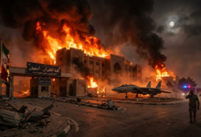 "تصاعد ألسنة اللهب والدخان الكثيف من مبنى كلية الطيران في أصفهان داخل قاعدة الشهيد بابائي الجوية بعد استهدافها بغارات جوية، مع ظهور طائرة مقاتلة متضررة وسيارات إطفاء في الموقع ليلاً."