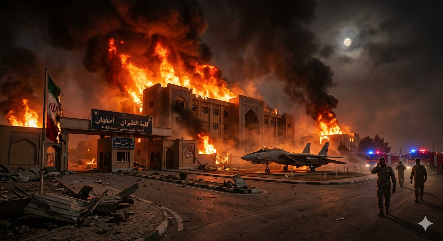 "تصاعد ألسنة اللهب والدخان الكثيف من مبنى كلية الطيران في أصفهان داخل قاعدة الشهيد بابائي الجوية بعد استهدافها بغارات جوية، مع ظهور طائرة مقاتلة متضررة وسيارات إطفاء في الموقع ليلاً."